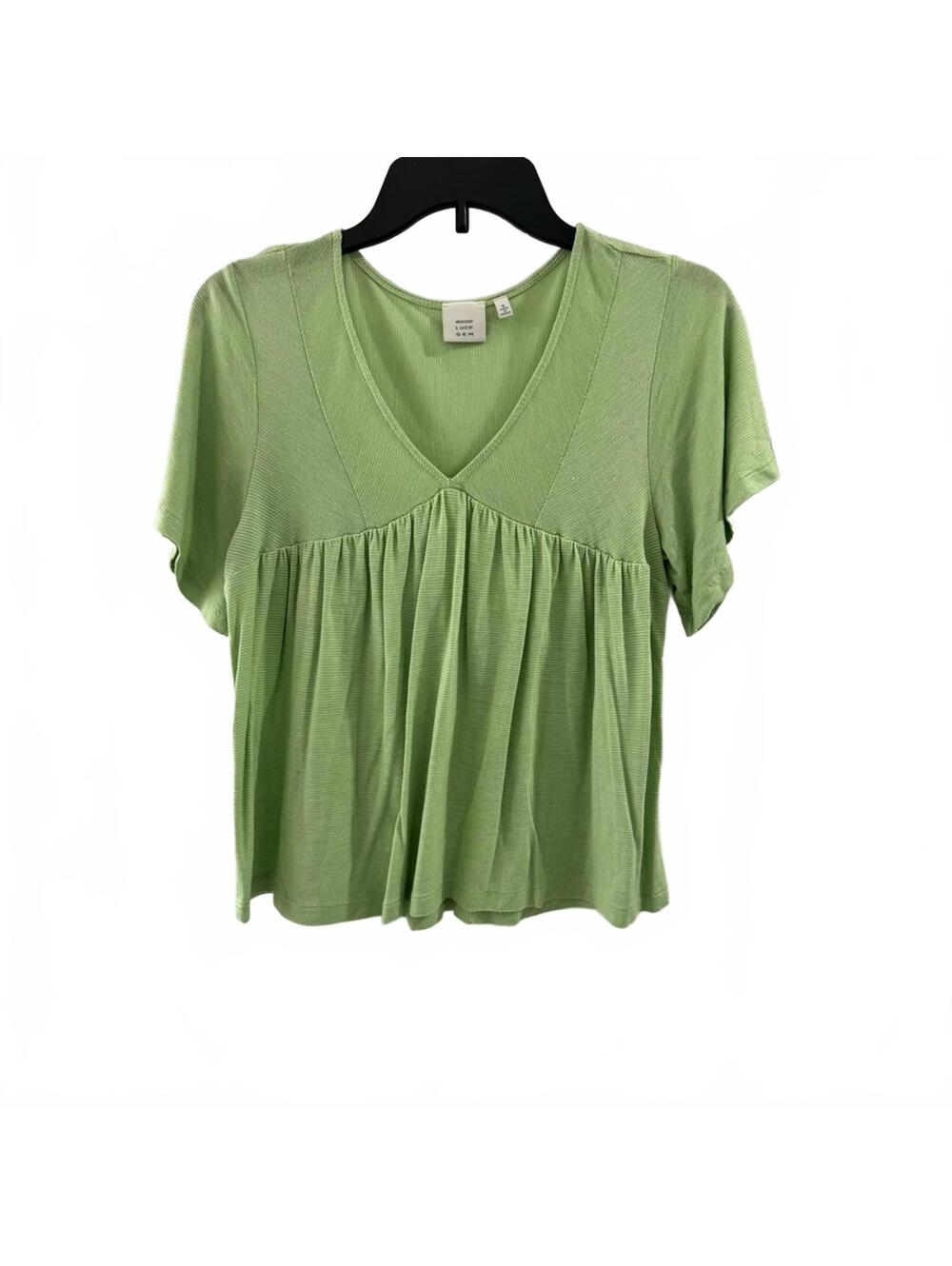 Good Luck Gem Green & White Pinstripe Peplum Babydoll V-Neck Blouse- Size Small